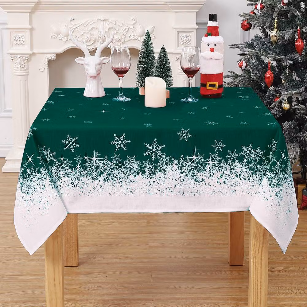 London Boutique Snowflake Christmas Tablecloth in Green and White, W x W: 137.16 x 137.16 cm – 3