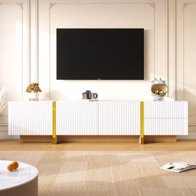 Rolipo Modern White Glossy TV Cabinet with 3 Doors, 2 Drawers and Gold Accents, W: 190 cm, H: 45 cm, D: 35 cm