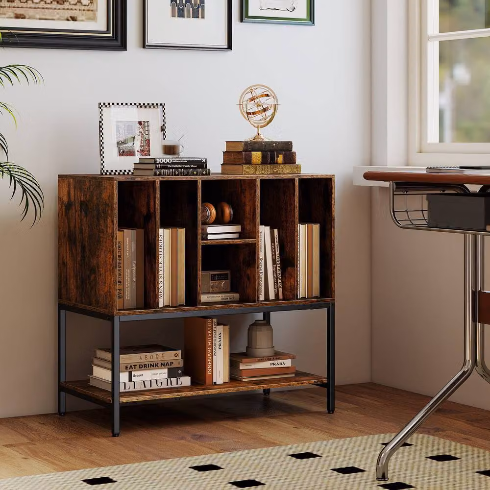 Costway Industrial Record Player Stand and Turntable Table with Charging Station in Brown – 10