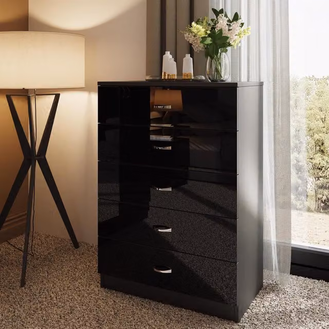 FWStyle Modern 5 Drawer Chest in Black Gloss with Metal Handles – 3