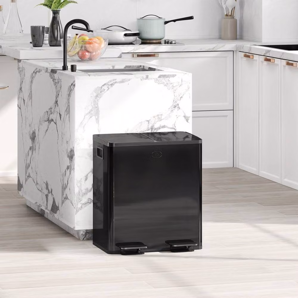 HOMCOM Black Dual Kitchen Bin with 2 x 20L Capacity and Pedal Operation, Fingerprint-Proof Stainless Steel and Plastic – 3