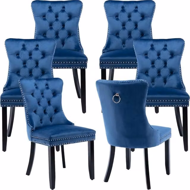 HomeTouch Romsey Set of 6 Blue Velvet Upholstered Dining Chairs with Oak Legs and Knocker Ring Back