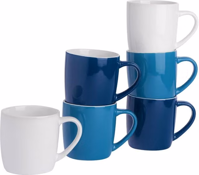 Argon Tableware Set of 6 Three-Tone Stoneware Coffee Mugs, 350ml, White, Navy and Blue