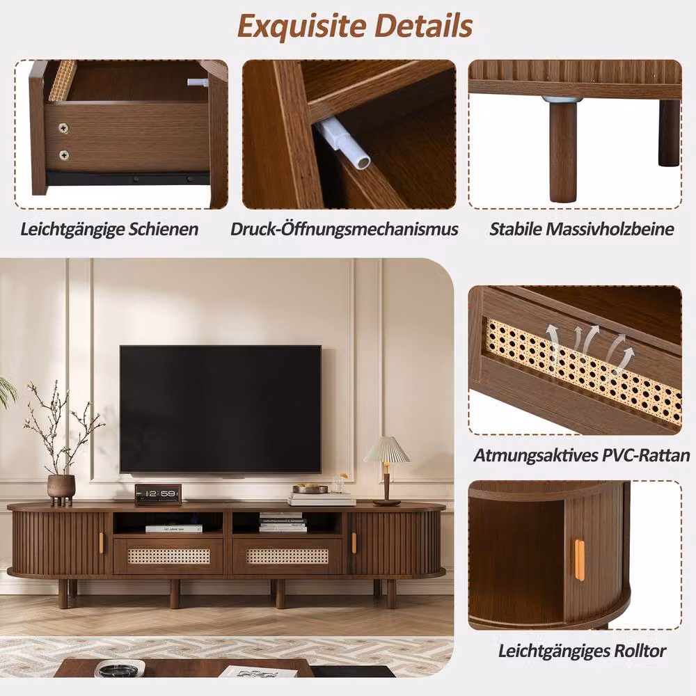 Rolipo Dark Oak Oval Rattan TV Stand in Dark Brown with Sliding Doors and Media Compartments, Width: 170 cm – 2