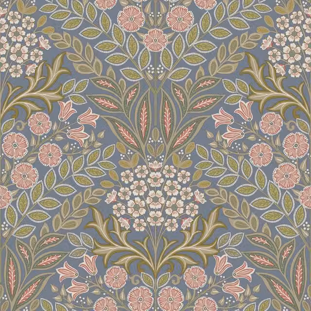 Grandeco Belevedere Arts and Crafts Floral Damask Botanical Wallpaper, Blue