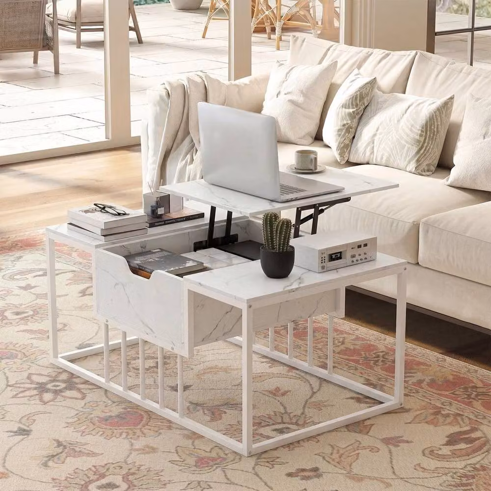 KORVIXA Modern White Flip Top Accent Tea Table with Lift Mechanism and Metal Sled Base, Width: 100 cm – 3