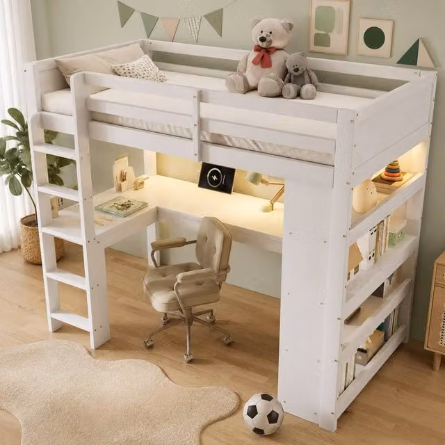 Merax White Wooden Single Loft High Sleeper Bed with Desk, Side Compartments and USB Charging Port, W/D/H: 190 x 90 x 120 cm – 1