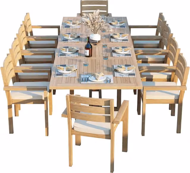 Mylor Eterna Teak Garden Dining Table and 10 Chair Set with Cream Cushions
