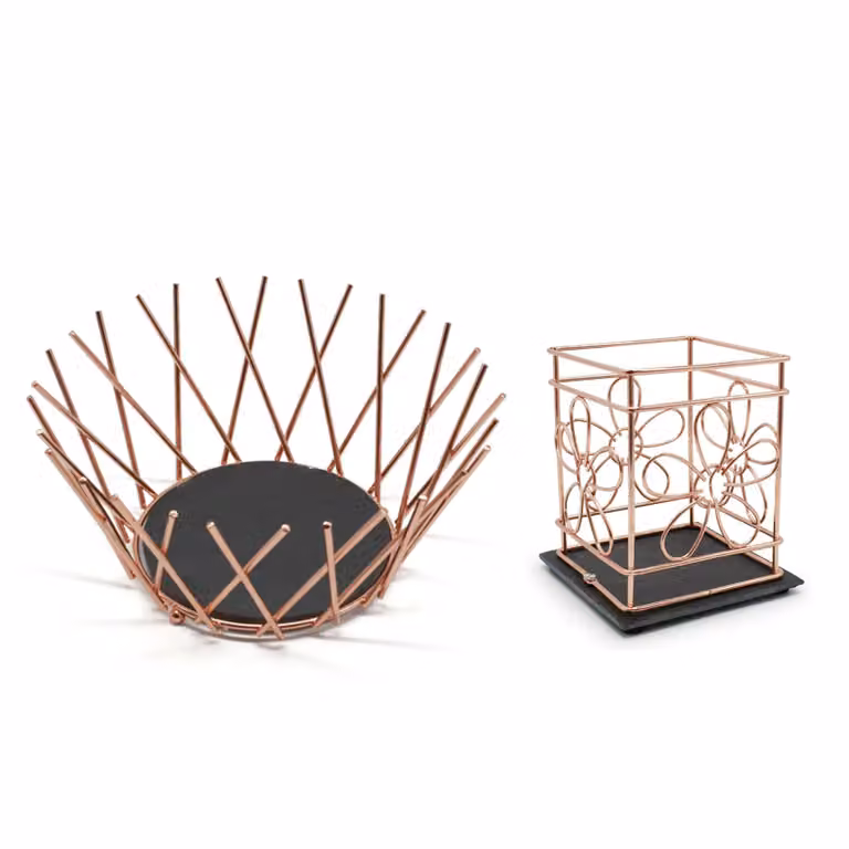Van Gogh Rose Gold Metal Wire Fruit Bowl and Utensil Holder with Slate Base