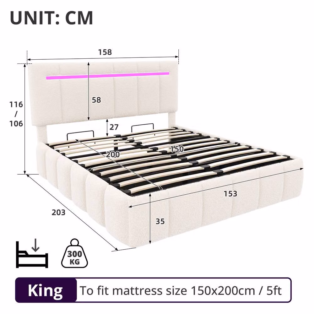 Rolipo King Size Boucle Upholstered Bed Frame with Hydraulic Storage, LED Lighting and USB Charging Ports in Beige, W/D/H: 180 x 200 cm – 5
