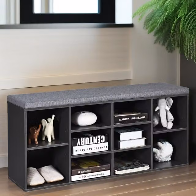 Pirlo Plush Grey Wooden Shoe Storage Bench with Cushioned Seat, Width: 104 cm – 1