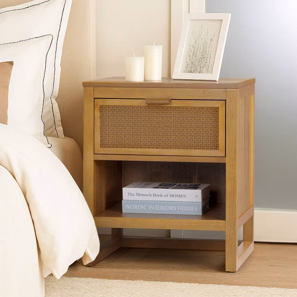 Teamson Home Hatteras Bedside Table with Drawer and Open Shelf in Natural Wood Finish – 4