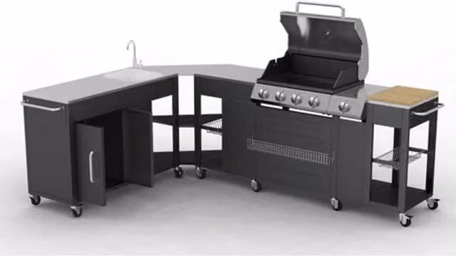 Berkfield Home Missouri 4-Burner Gas Outdoor Kitchen Barbecue in Black with Stainless Steel and Wood Finish, W/D/H: 248.0 x 112.0 x 55.5 cm