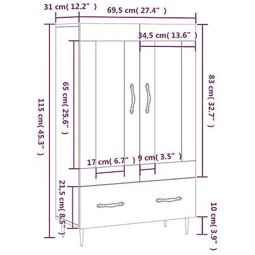 vidaXL Highboard in Smoked Oak with Glass Doors, W/D/H: 69.5 x 31 x 115 cm – 3