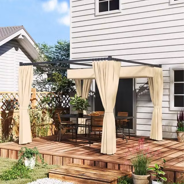 Outsunny Retractable Pergola Canopy with Curtains in Beige and Yellow