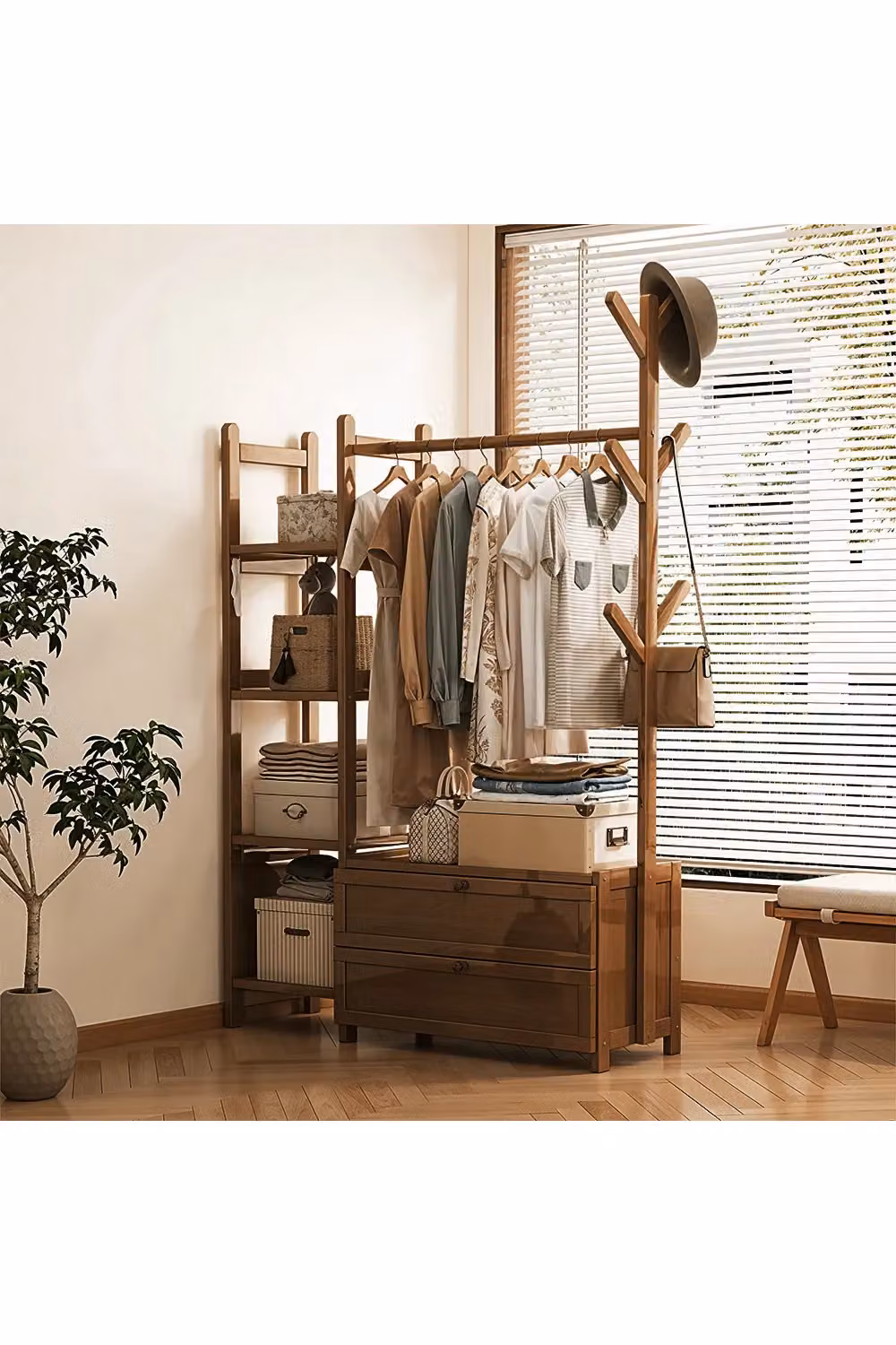 Living and Home Freestanding Bamboo Clothes Rack with Storage Shelves in Brown – 2