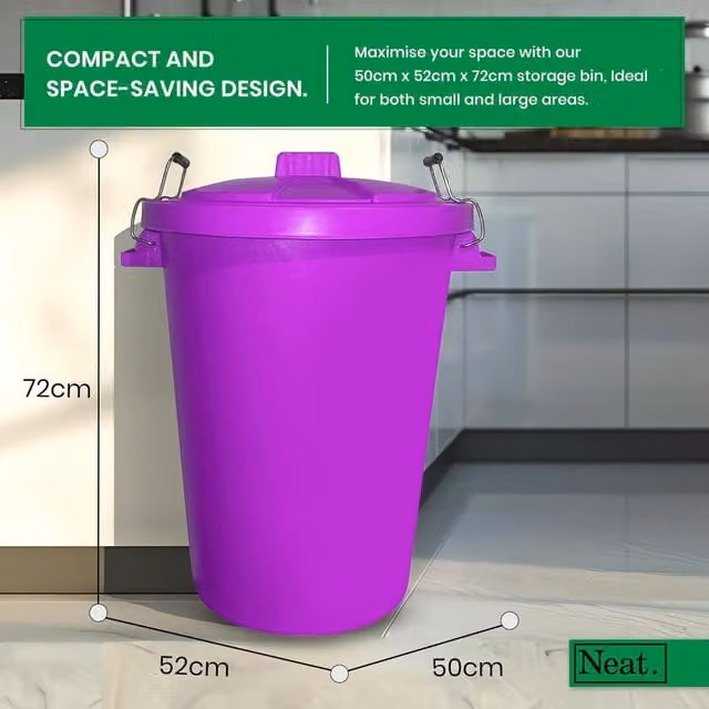 Neat. 90L Heavy Duty Plastic Kitchen Dustbin with Flip Lid and Metal Handle, Purple