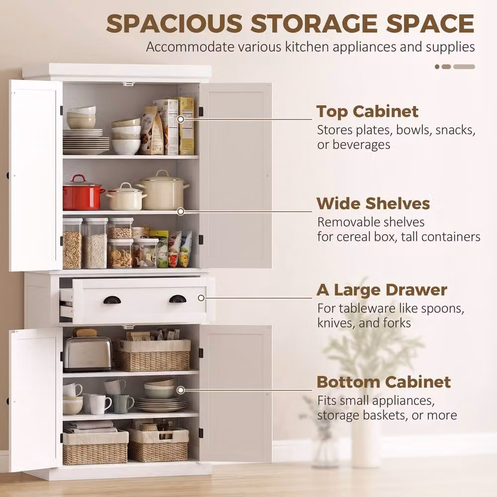 HOMCOM Tall Freestanding Kitchen Storage Cabinet in White with Hinged Doors and Internal Shelves, Height: 183 cm – 3