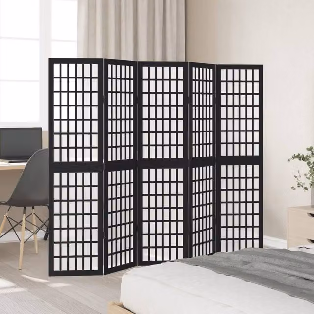Berkfield Home 5-Panel Room Divider in Black Solid Paulownia Wood, H 180 cm x W 160 cm