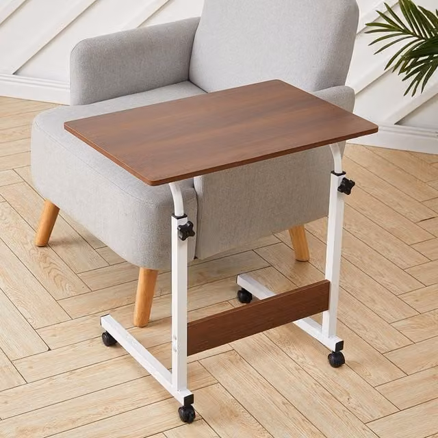 Living and Home Height Adjustable Mobile Overbed Desk with Wheels in Brown