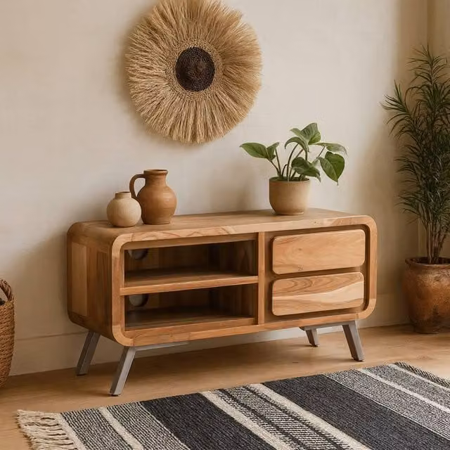 Wyld Haus Los Angeles Industrial Brown Reclaimed Wood and Metal TV Cabinet with 1 Open Shelf and 2 Drawers – 1