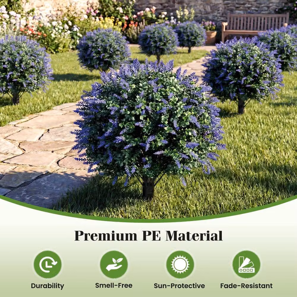 Costway Set of 2 Artificial Lavender and Boxwood Topiary Ball Trees in Green, Purple and Multicolour – 9