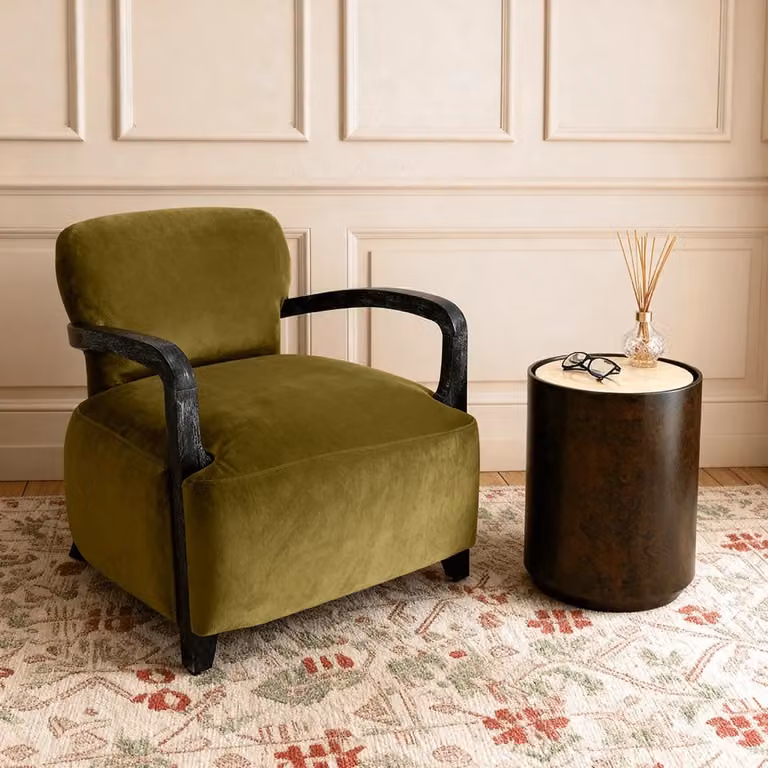 Atkin & Thyme Aviator Armchair in Apple Green Velvet with Mango Wood Frame