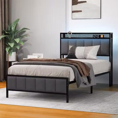 Levede Grey Upholstered Single Bed Frame with USB Charging Port, Bedside Shelf and Side Compartments, W/D/H: 90 x 190 x 86 cm – 6