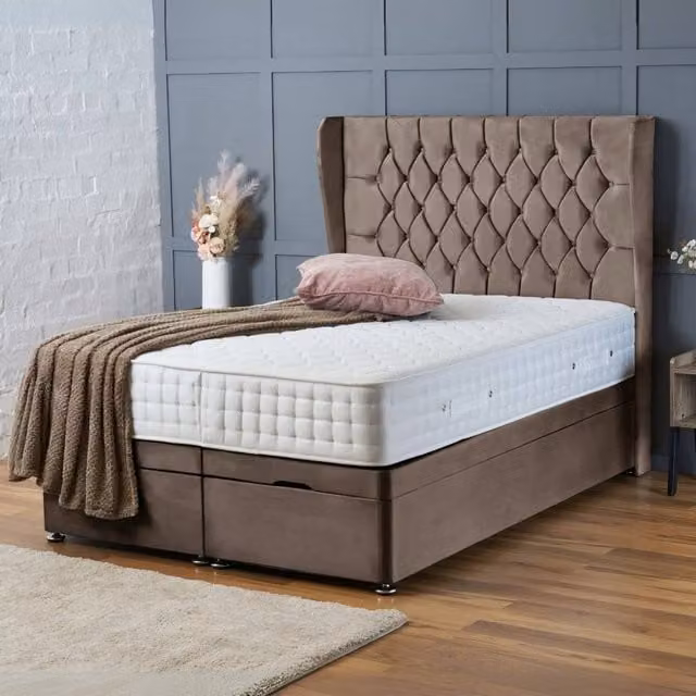 BSSPOKE Amelia Ottoman Divan Bed with 54 inch Headboard and Mattress in Taupe Plush Velvet, Super King, W/D/H: 200 x 160 x 137.16 cm