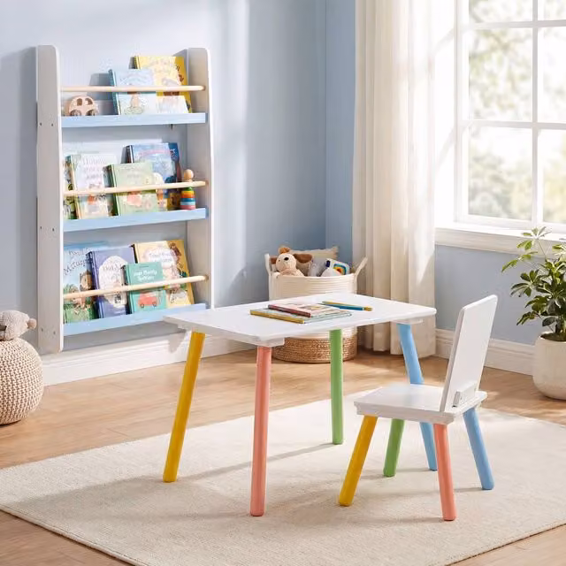 Liberty House Toys Rainbow Table, Chair and Bookshelf Set in White, Blue and Multicolour Wood