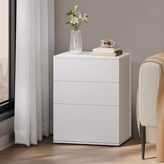 VASAGLE Modern Minimalist Bedside Table with 3 Storage Drawers in White – 1