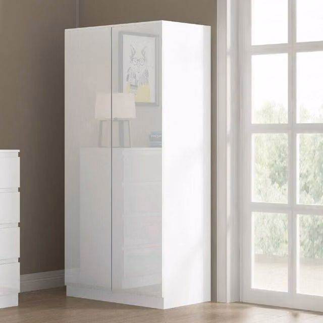 FWStyle White Gloss 2 Door Wardrobe with Soft Close Doors, H 180 x W 80 x D 50 cm