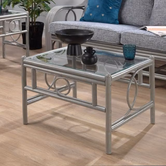 Madrid Rectangular Grey Cane Coffee Table with Glass and Rattan Top