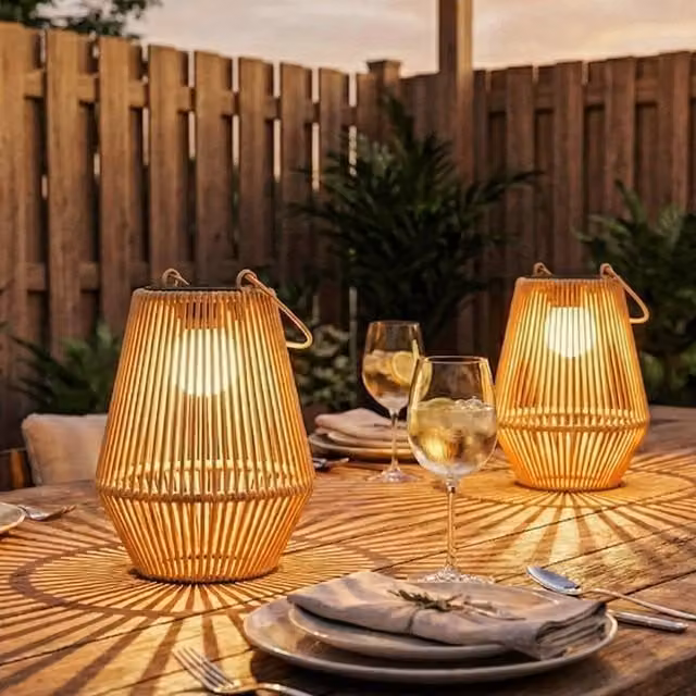 Outsunny Brown Rattan Style Hanging Solar Lanterns with Warm White Light and Dusk Sensor