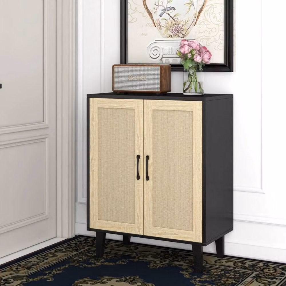ERGOVEXA Mid-Century Black 2-Door Rattan Sideboard and TV Stand – 3