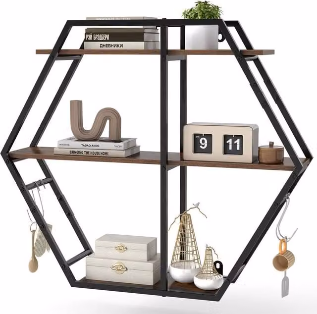 Gymax Industrial Geometric Hexagon Wall Shelves with Hooks and Metal Frame in Brown