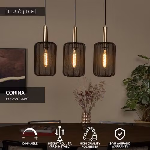 Lucide Corina Black Pendant Light with 3 x E27 Sockets, Height Adjustable – 2