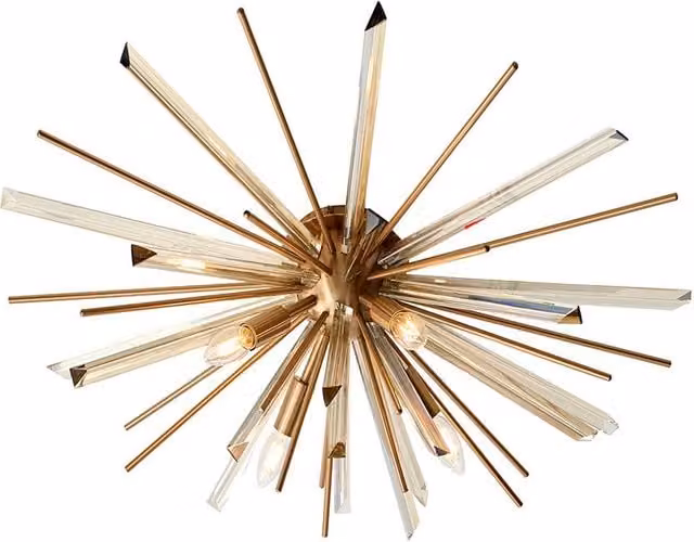 Loops Glass Shard Prism Flush Ceiling Light in Antique Gold and Brass with Transparent Glass