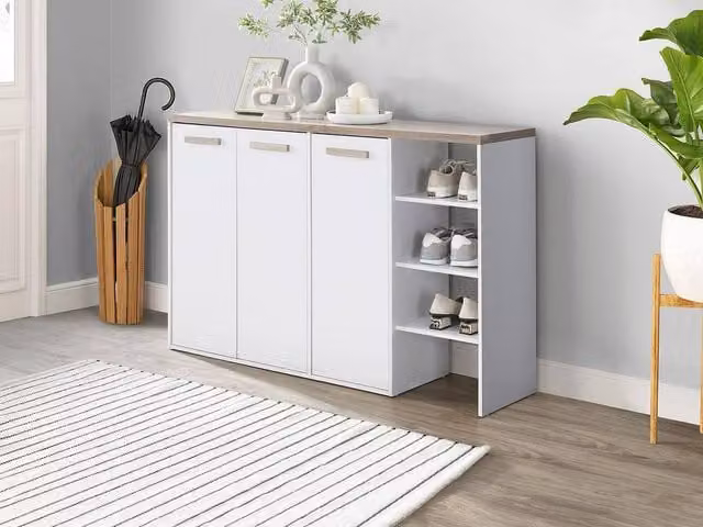 Vente-unique White Shoe Cabinet with 3 Hinged Doors and Internal Shelves, W/D/H: 120 x 30 x 80 cm