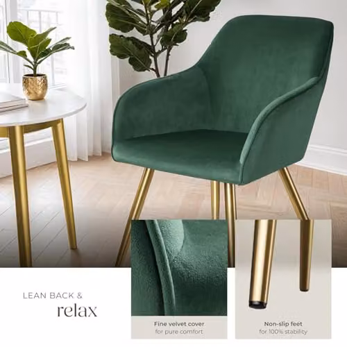 tectake Set of 2 Velvet Look Dining Armchairs with Gold Steel Legs in Dark Green and Gold – 5