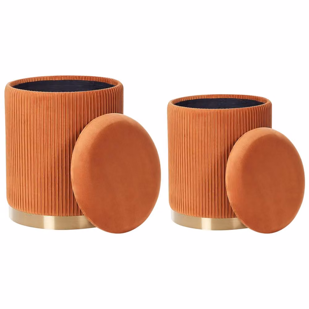 Wyld and Coco Set of 2 Orange Velvet Cylindrical Storage Pouffes with Gold Metal Base – 3