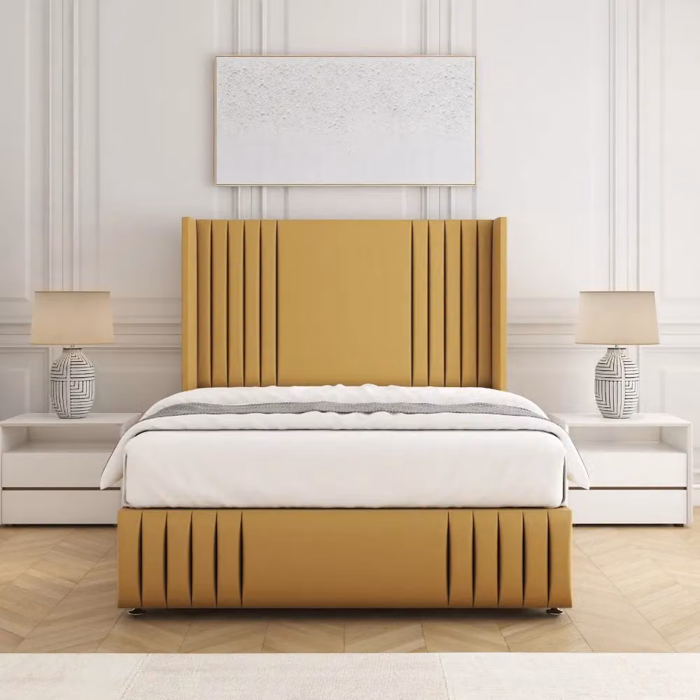 BSSPOKE Peyton Super King Divan Bed Set with 54 inch Headboard, 2 Drawers, Mattress and Footend in Mustard Yellow Velvet