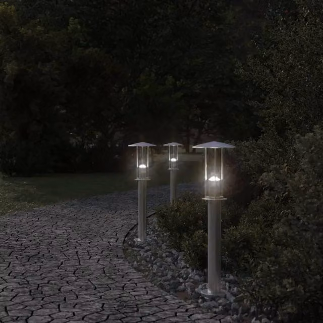 Berkfield Home Set of 3 Silver Stainless Steel Outdoor Floor Bollard Lamps, Height: 60 cm