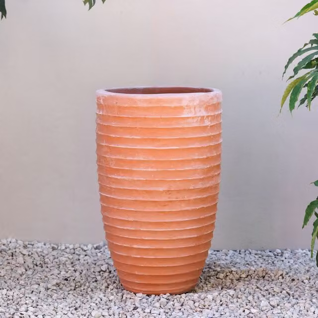 Primrose Terracotta Ribbed Tapered Cylinder Planter Pot in Brown and Orange