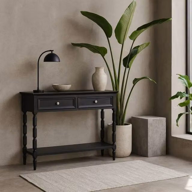 Wyld Haus Ploumanach Black Wooden 2 Drawer Console Table with Bottom Shelf W/D/H: 90 x 33 x 80 cm – 1