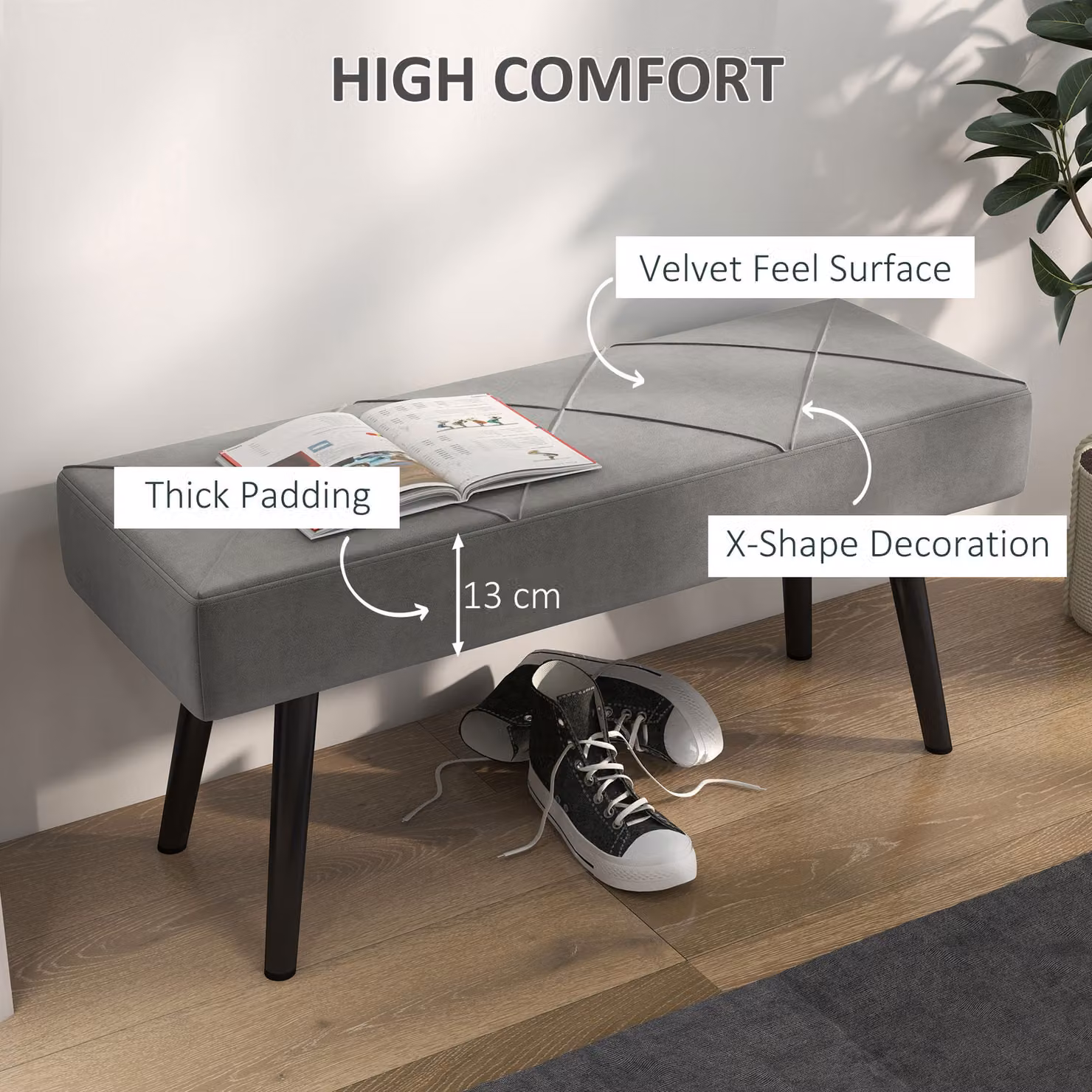 HOMCOM Grey Velvet Upholstered End of Bed Bench with X-Shape Metal Legs for Bedroom or Hallway – 4