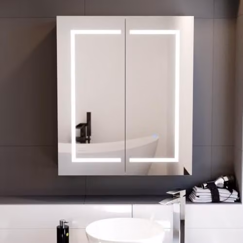 Nes Home White LED 2-Door Bathroom Mirror Cabinet with Sensor Switch, W: 60 cm, H: 70 cm, D: 15.3 cm