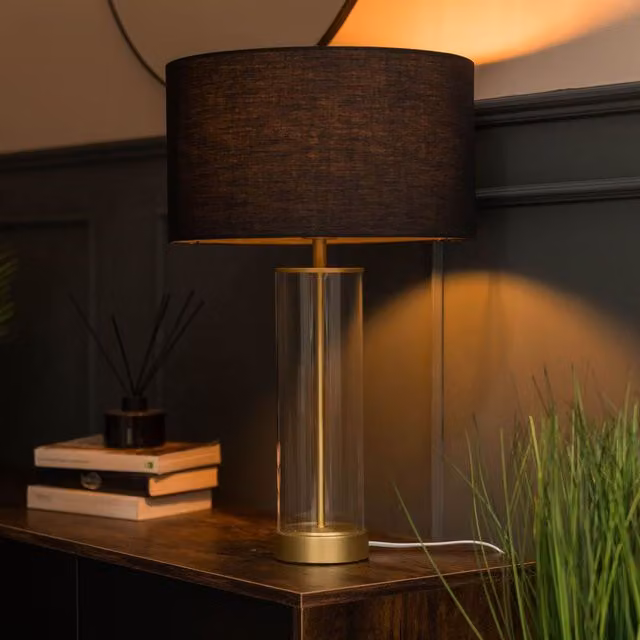 ValueLights Balan Modern Table Lamp with Glass Tube, Matt Gold and Black Fabric Drum Shade, Includes Warm White LED Bulb – 2