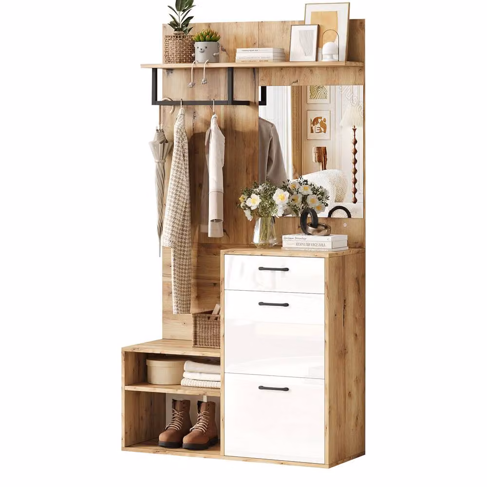 Rolipo 7-in-1 Modern White Wood Hall Tree with Shoe Bench and Mirror – 3