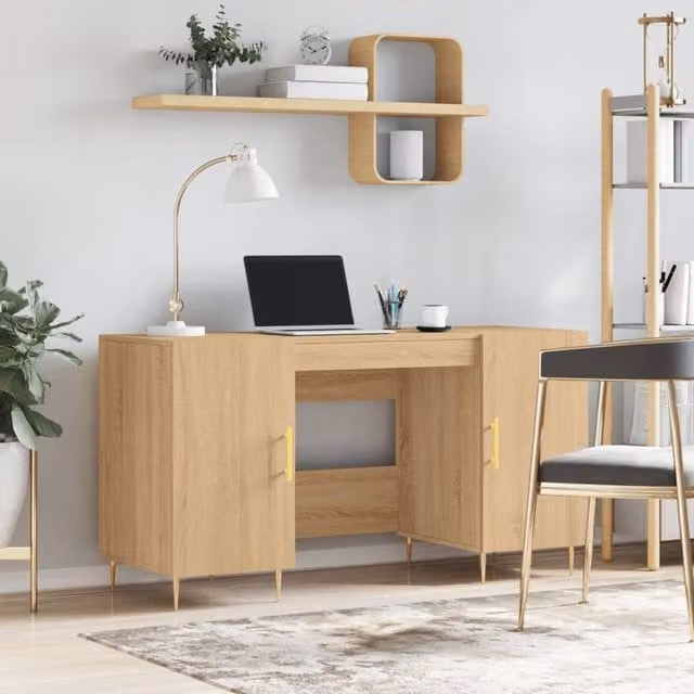 Berkfield Sonoma Oak Writing Desk in Brown and Gold, W/D/H: 140 x 50 x 75 cm